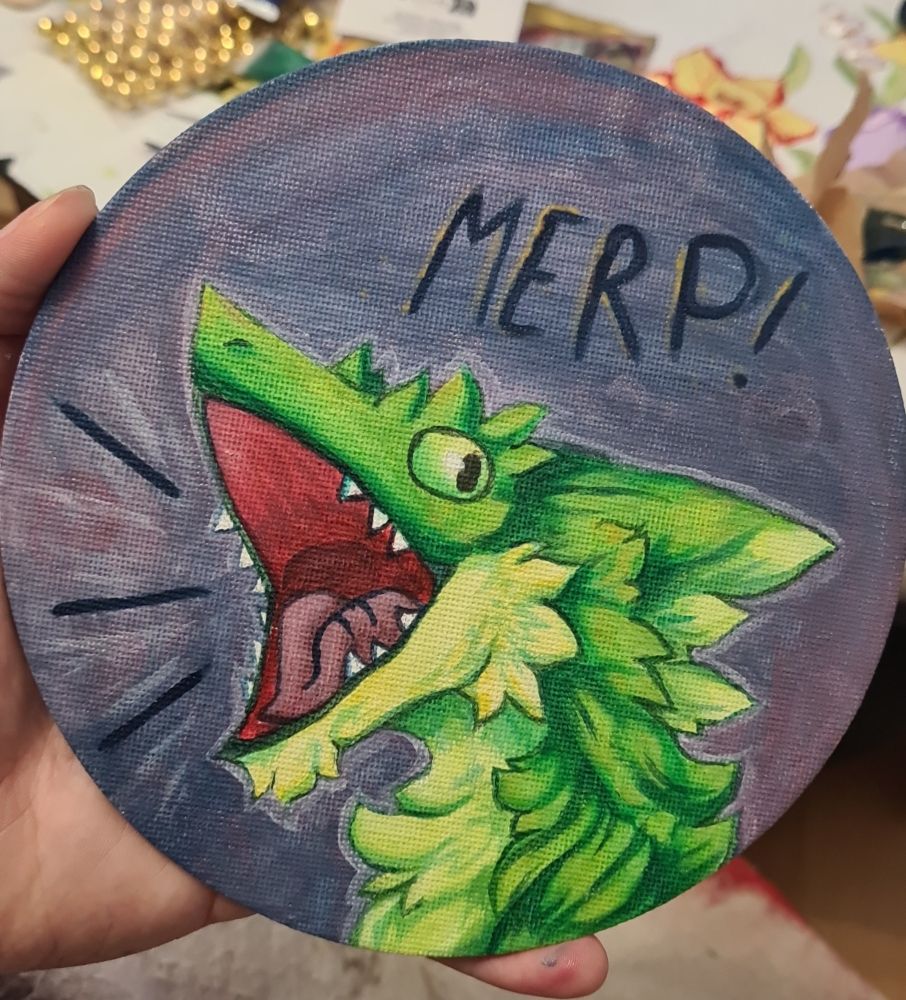 Bright green painting of a sergal a alien species making the Sound Merp. 