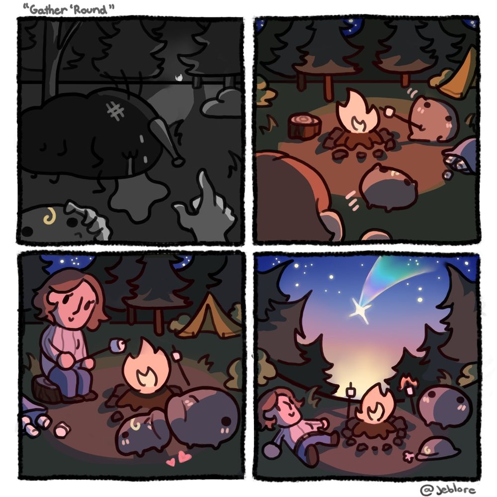 You slay the beast and find a campfire. You are greeted by Jeb toasting marshmallows. He and his cousin are reunited and hug. The dawn rises and everyone looks up to a shooting star, enjoying their time together. 