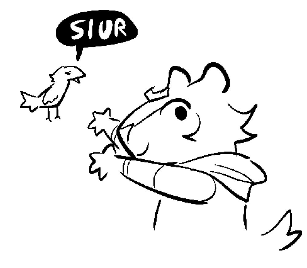 Kid Stoatki eagerly gestures toward his bird whose speech bubble is just the word “Slur”. 