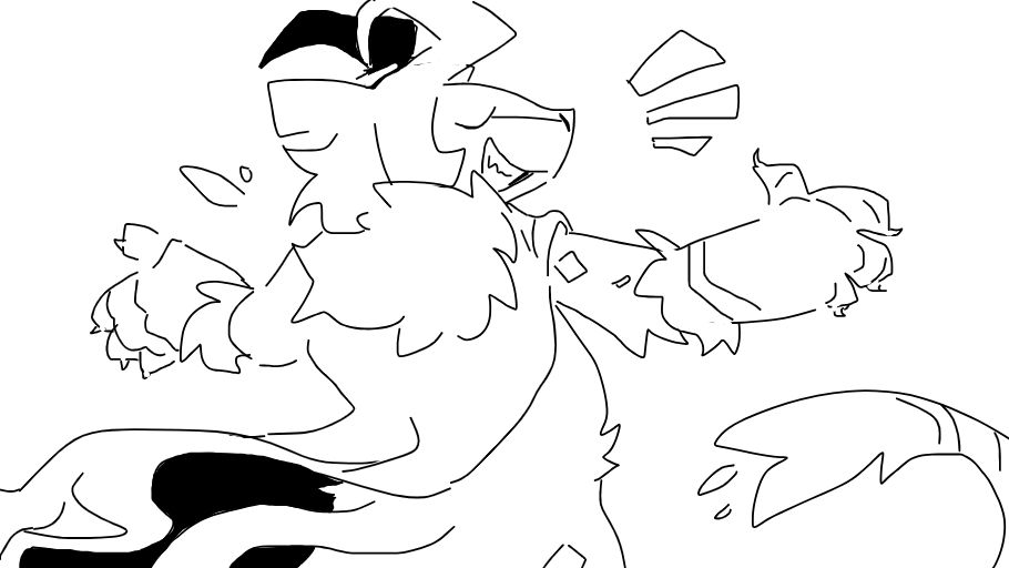 Stoatki with his back to the camera. His arms are spread out wide. He’s smiling with teeth!