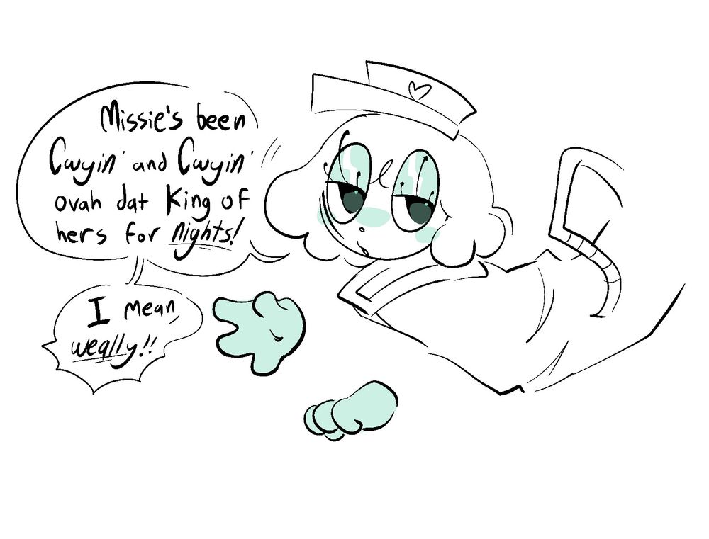 Inspekta with an unamused expression says “Missie’s been cryin’ and cryin’ over that King of hers for nights! I mean, really!”