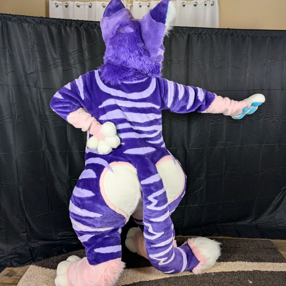 Backside of the cat fursuiter showing off her tail and butt