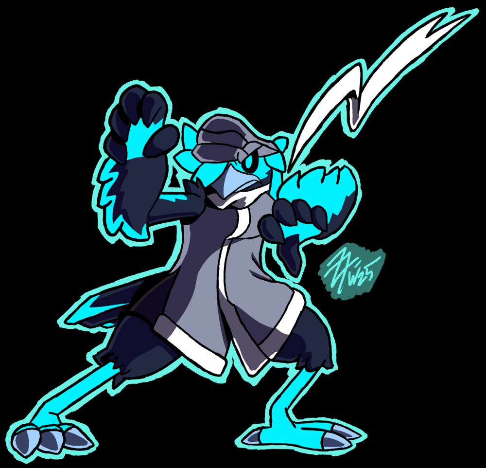 Artwork of Celeste imitating Wolf's pose from Super Smash Bros. Ultimate. She has her right foot extended forward and is supporting herself on her left leg. Her right arm is raised up with her left arm tucked close to her chest. Her hands are open with the fingers curled like claws, and she has a scowl on her face.