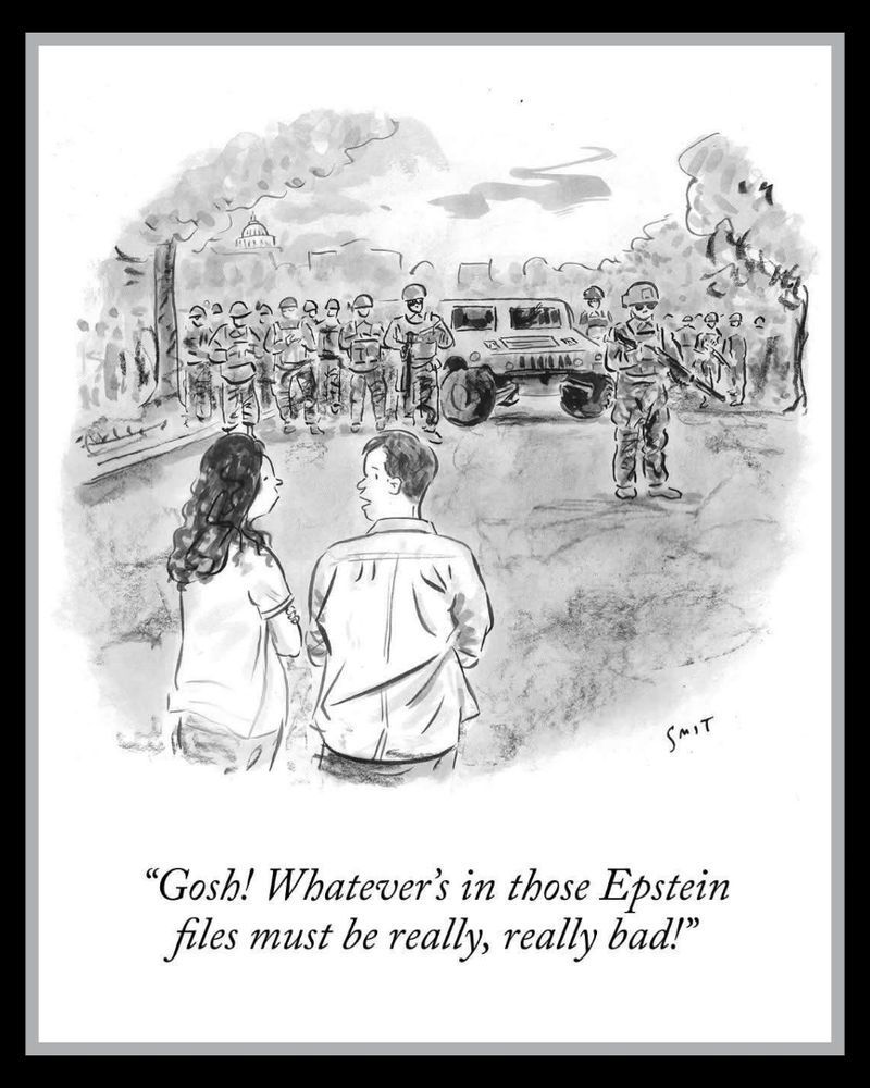 Black and White cartoon of woman and man looking a massive military road block saying 