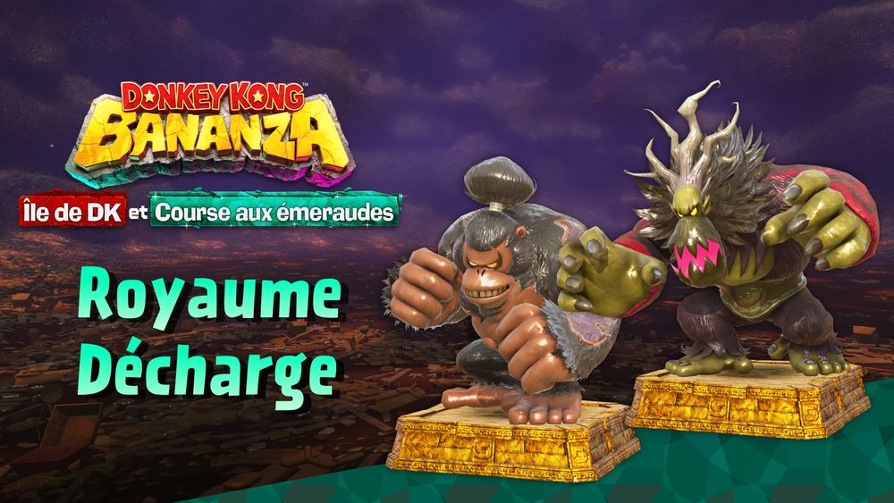 Visuel officiel pour l'événement Royaume Décharge du DLC de Donkey Kong Bananza avec les statues du Despote et de Samurai Kong de Donkey Kong Jungle Beat