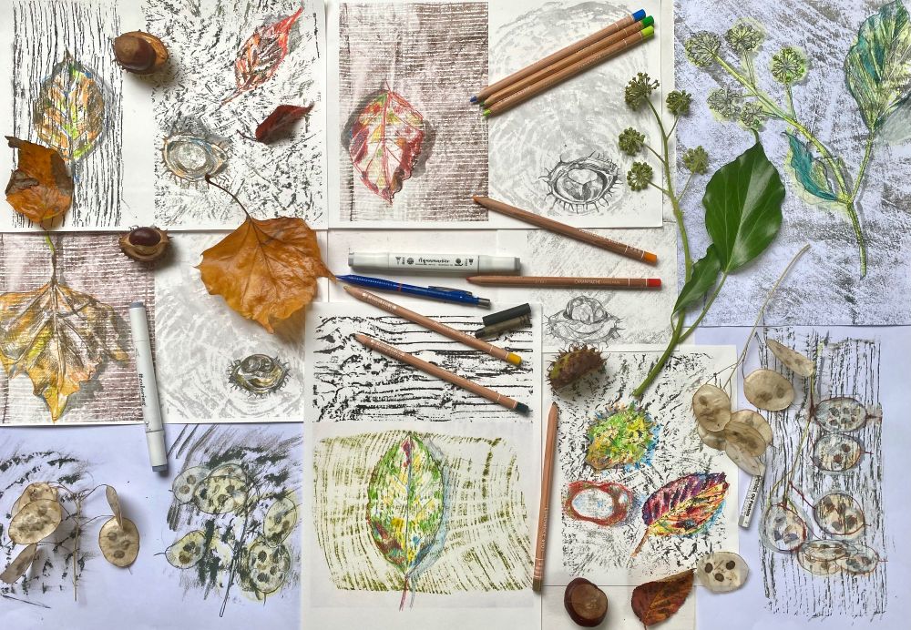 A collection of leaves, conkers and other Autumnal goodies next to drawings of the same. Backgrounds created by taking rubbings from wood grain and other textures.