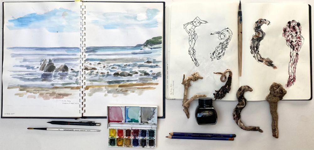 Two open sketchbooks side by side. On the left an open A4 portrait format sketchbook - its contents, stretching across both pages, a watercolour seascape of a beach scene. Horizon line one-third down, beach lower third, sea - strewn with boulders and rocks, in between. Watercolour paint box, brush and pencil shown next to it.
On the right four studies of pieces of driftwood found on the beach - pen and ink plus water dabbed watercolour pencil line. The subject matter and their drawing materials displayed below drawings.