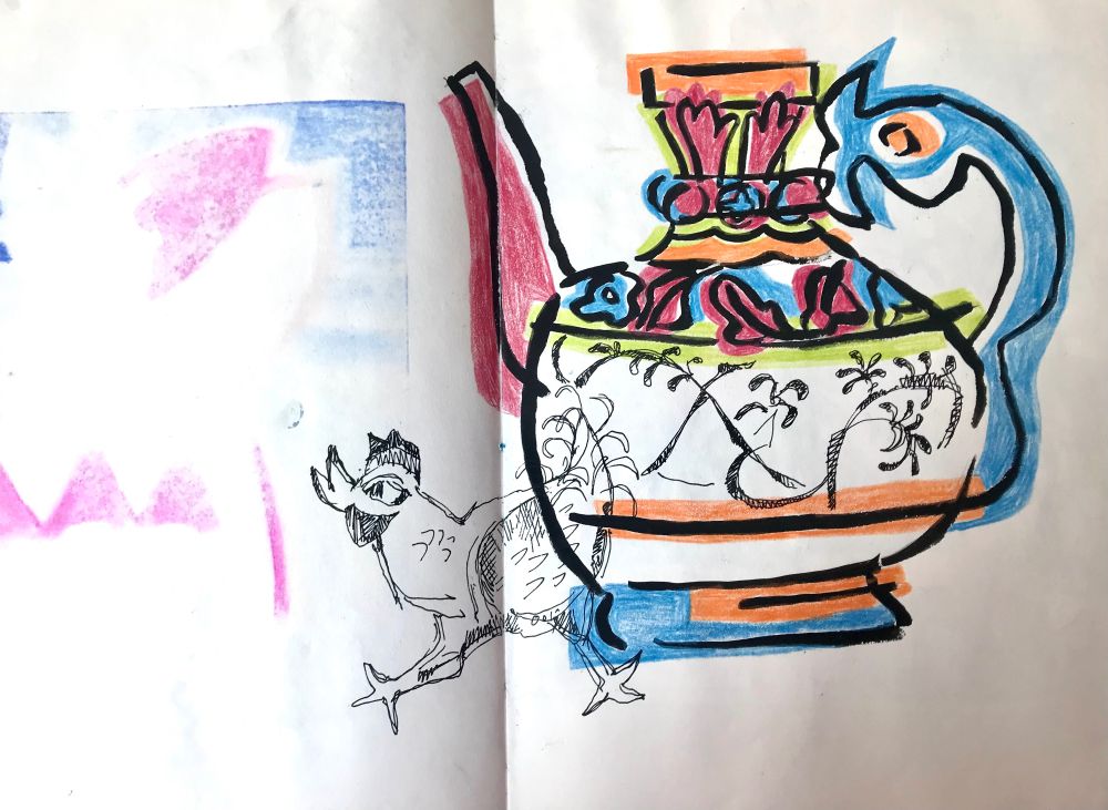 The double pages of an open sketchbook. On the right a coloured pencil and pen drawn jug - thick black outlines with areas of colour - red, orange, blue, lime green. The colours echo mis-registered print ie things don't line up where they should.  
Across the centre fold and on to the left page - where there is evidence of colour bleed from the previous page; a black pen drawn chicken strides away. 