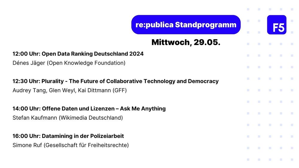 Das Programm von F5 am Stand C3 auf der re:publica24 für Mittwoch, den 29.05.