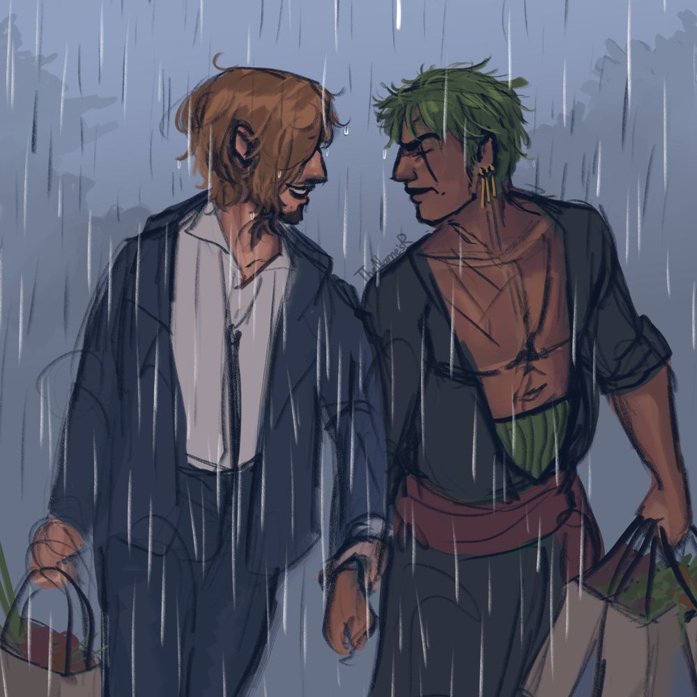 Sanji, laughing, holding Zoro’s wrist as Zoro glares at him. Both are soaking wet carrying groceries bags as it rains heavily