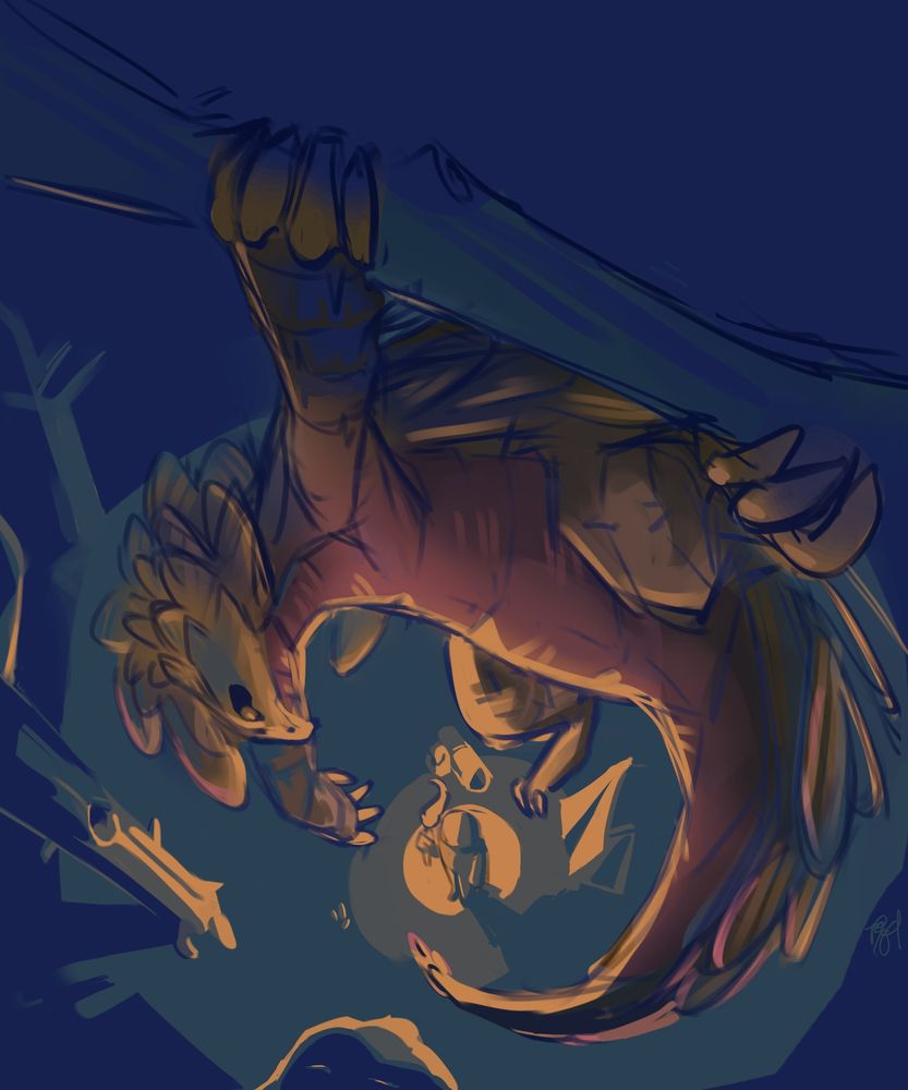 A traveler carries a torch in a campsite, illuminating the marsh and one of its denizens. Hanging atop on a tree, a sand-colored lizardfolk watches over the camp, as if ready to jump down on the person. Though Obol is framed in almost a sinister light, the lizardfolk is only interested in the torchlight.

"The dark can hide any monster, or every monster", is what he would say if prompted about his intrusion.