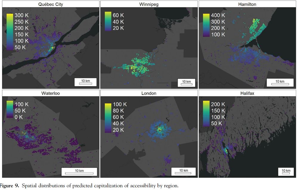 The bottom half of Figure 9 from "Multimodal Accessibility and the Capitalization of Realized Access by Car and Transit in Housing Prices Across Canada". 6 panels show maps of Quebec City, Winnipeg, Hamilton, Waterloo, London, and Halifax with heatmaps for the premium on home prices from both car and transit accessibility. In all these cities except Hamilton and Winnipeg, the premium is higher near downtown and along transit lines where transit access is good. In Hamilton, the premium is highest in the north part of the city (Burlington area) which is within driving distance of Toronto, and in Winnipeg the accessibility premium is higher in the suburbs.