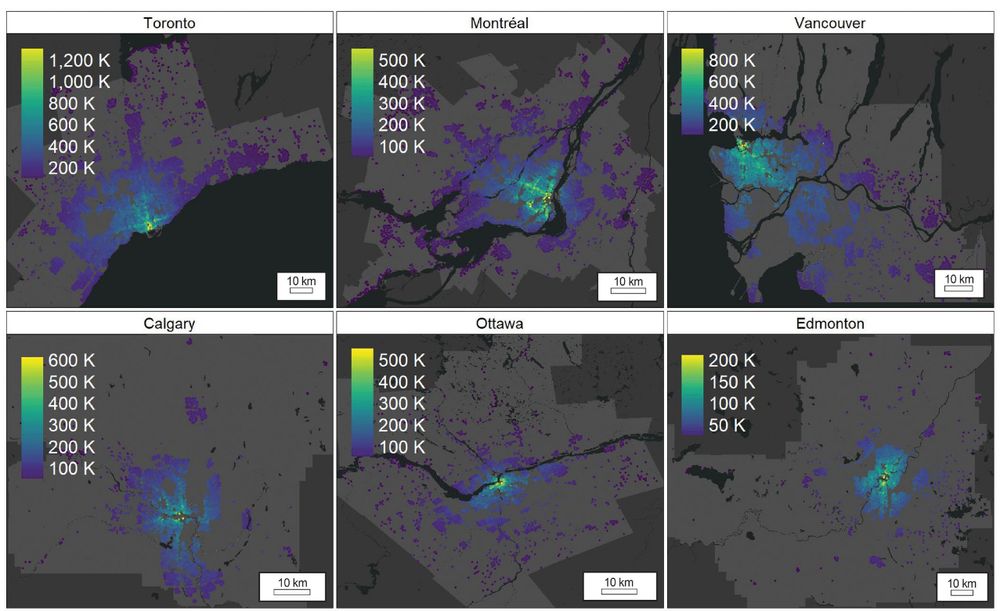 The top half of Figure 9 from "Multimodal Accessibility and the Capitalization of Realized Access by Car and Transit in Housing Prices Across Canada". 6 panels show maps of Toronto, Montreal, Vancouver, Calgary, Ottawa, and Edmonton with heatmaps for the premium on home prices from both car and transit accessibility. In all these cities, the premium is higher near downtown and along transit lines where transit access is good. 