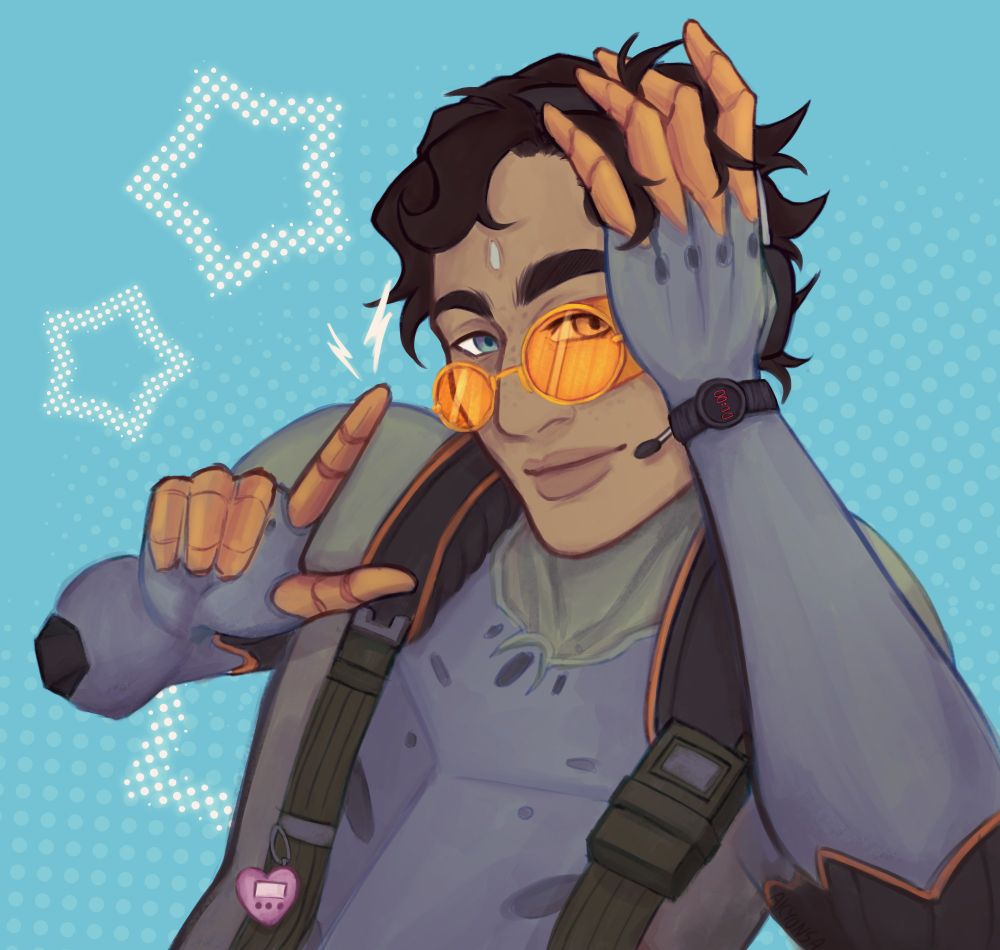 Amir from Warframe 1999 on a bright blue background with a dot and star pattern. His glasses are asked and hes running his left hand through his messy hair, his right hand does a finger gun gesture that shoots small electricity bolts.