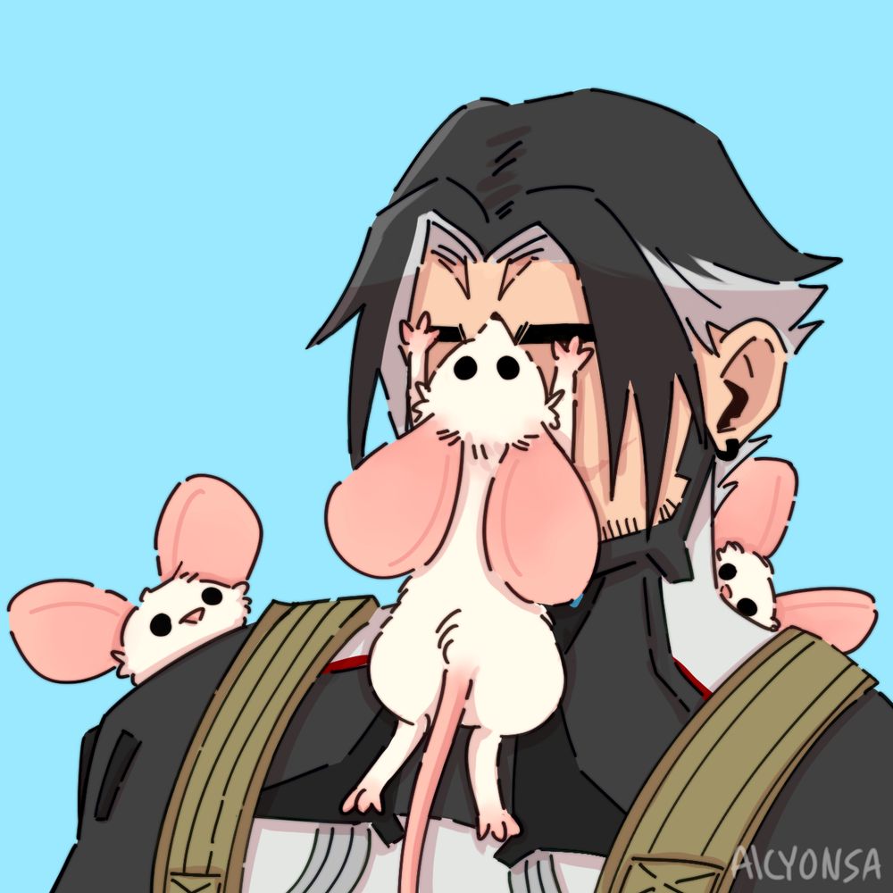 A drawn image of Arthur Nightingale from Warframe 1999. A rat hangs off his face with two more looking over his shoulder , the background is a light blue color.