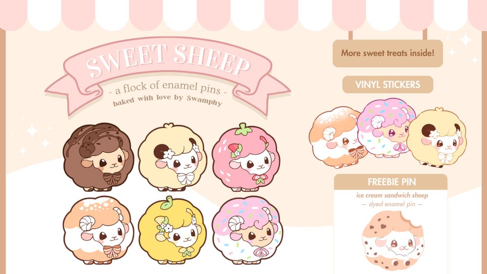 Poster showcasing a variety of sheep themed after sweets and confectionery, available in the forms of enamel pins and stickers! How delicious!