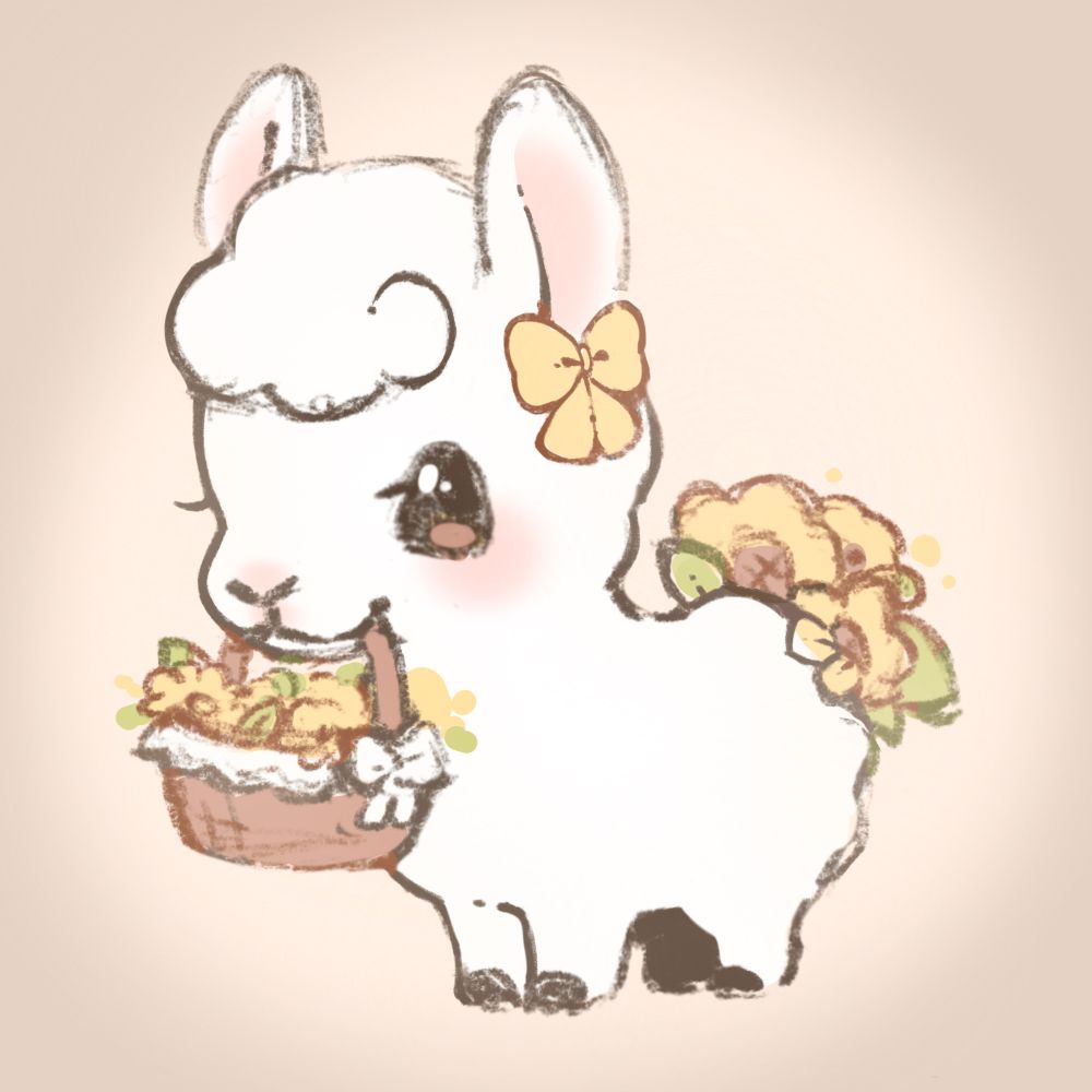 A sketchy illustration of an alpaca with a floral theme. She has a bundle of sunflowers as a tail, and she’s holding a basket of them in her mouth.