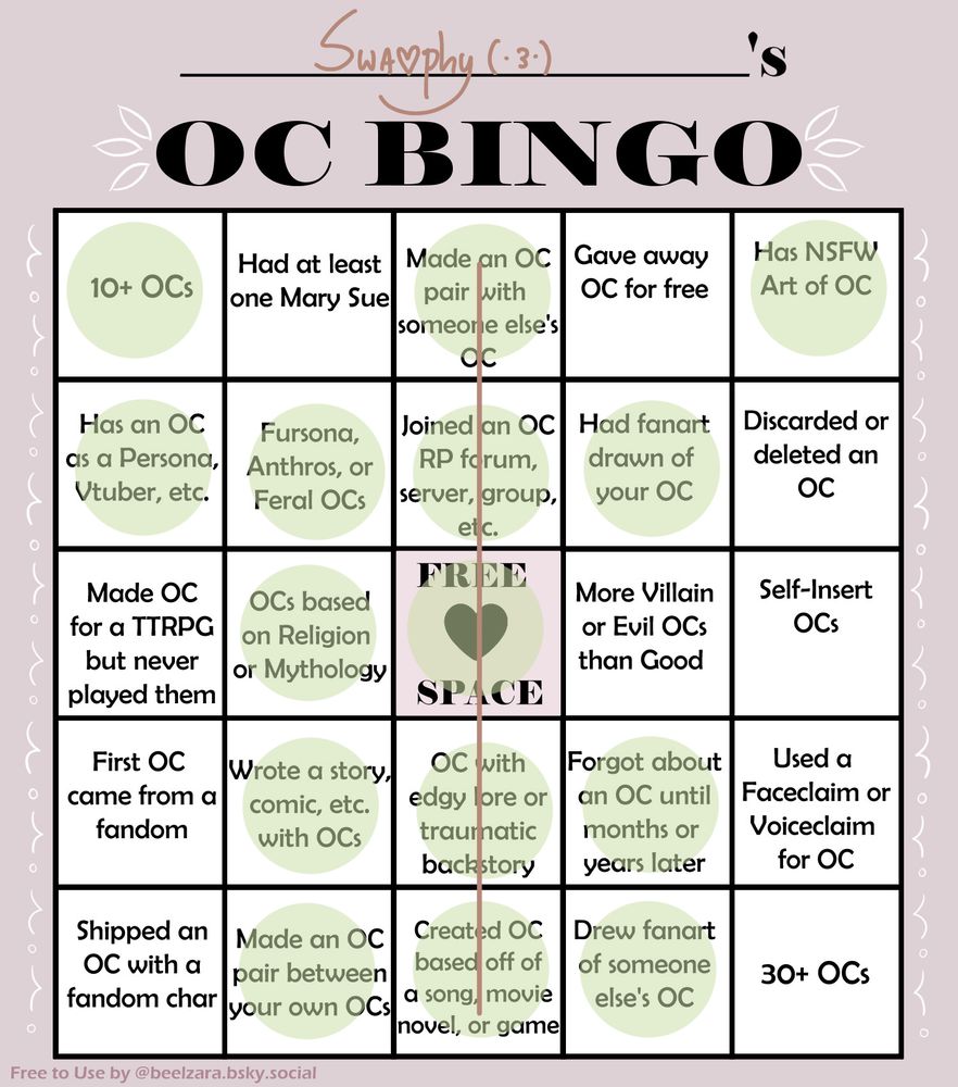Original character bingo sheet 