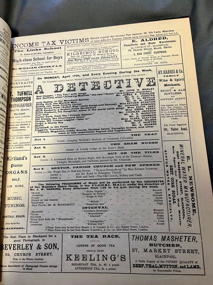 A page from an 1893 programme at the Blackpool Winter Gardens for the play ‘The Detective’ with the acts listed incl. The Trap and The Sham Nurse.