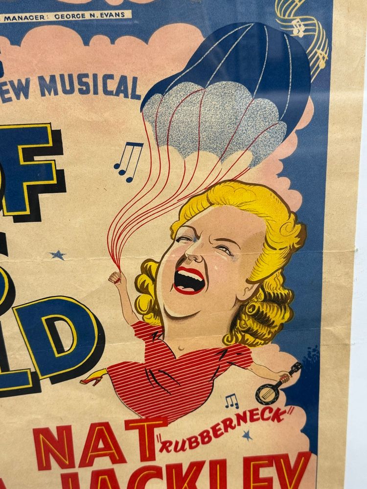 Illustration of Tessie O’Shea with blind hair and a red dress hanging from a parachute. 