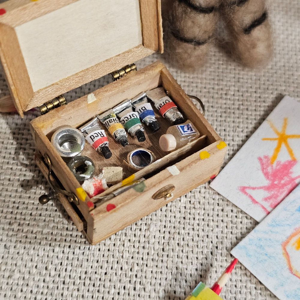 Closeup of a miniature box of oil paints