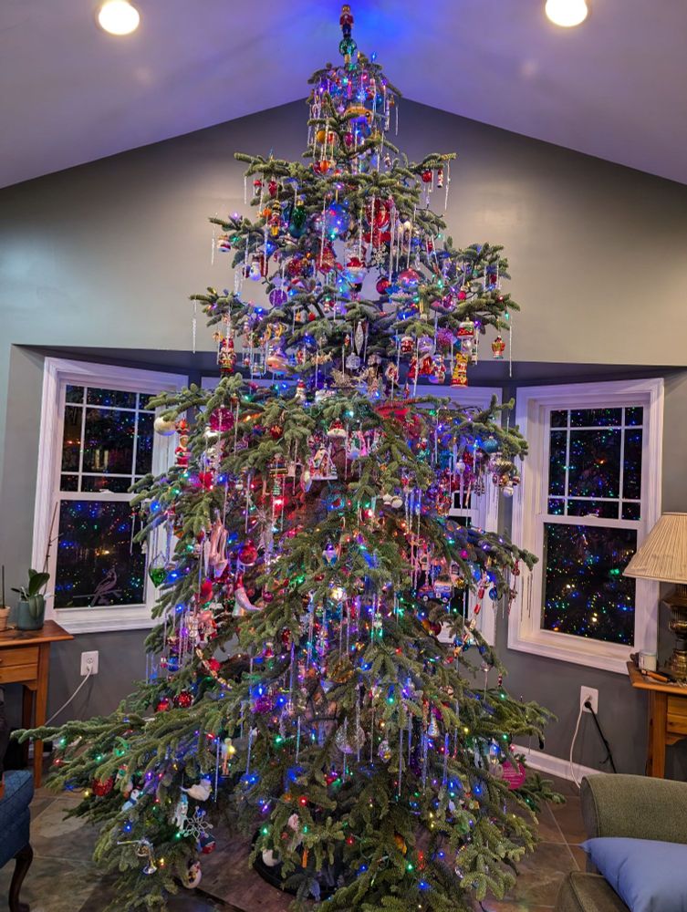 Large Christmas tree packed with ornaments 