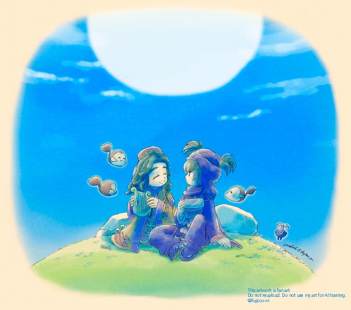 マジカルバケーションのファンアート。アランシアとガナッシュ2人の演奏を待っているハミングたちと、見守るニルヴァ。