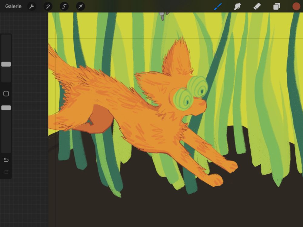 a procreate screenshot showing part of an illustration. The canvas shows a cartoony looking orange cat about to land in the soil. You can see bright green grass in different shades behind it. It's eyes are as vibrant as the grass, looking toward presumable prey with swirls in its eyes.