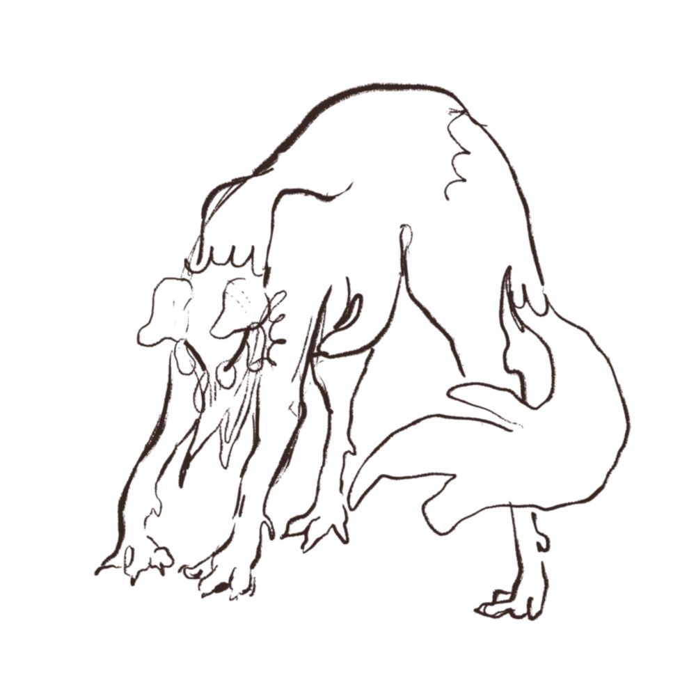 a line drawing depicting a creature resembling a dog tilting its head down low and crying