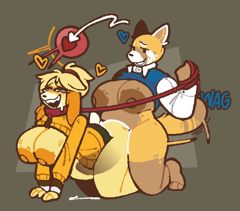 Pornographic art of Isabelle from Animal Crossing and Retsuko from Aggretsuko. Isabelle is on her hands and knees, shirt hiked up to reveal her breasts and stomach. Retsuko kneels behind her, fucking her ass while pulling on a leash around Isabelle's neck. They are both fat.