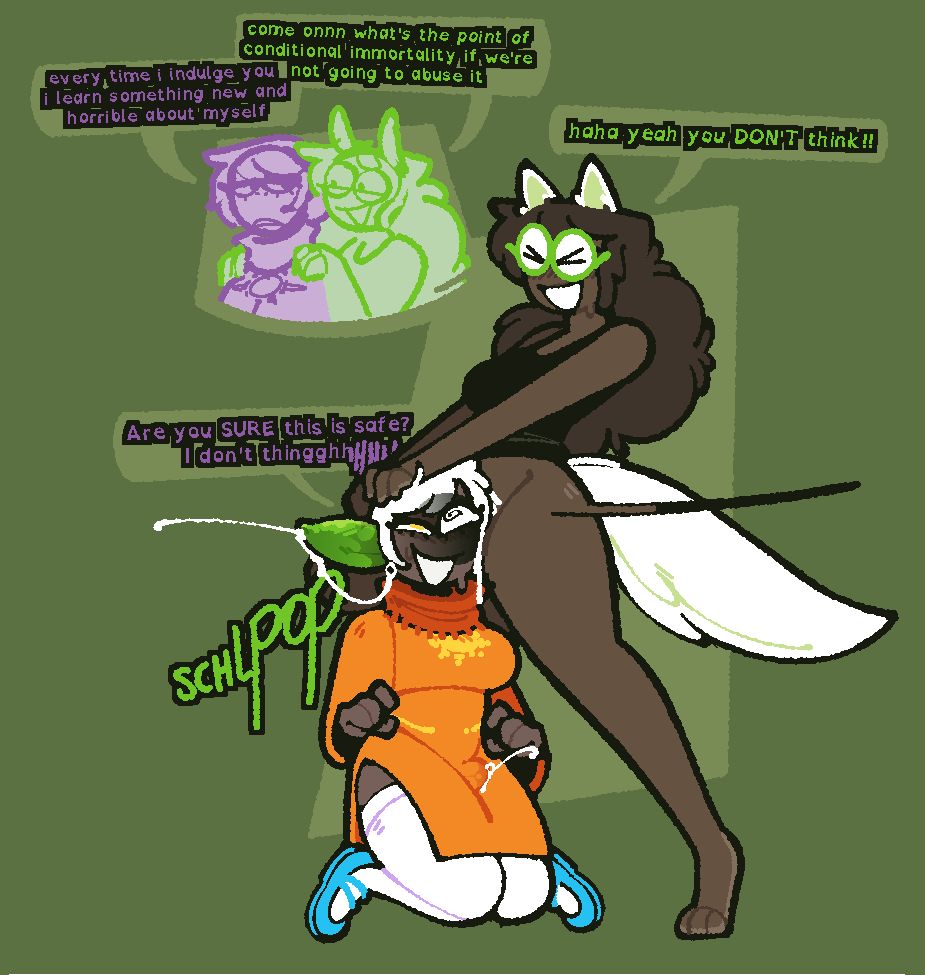 Pornographic art of Jade and Rose from Homestuck. A doodle in the top left depicts Jade holding Rose by the shoulders and saying 'come onnn what's the point of conditional immortality if we're not going to abuse it', to which Rose responds 'every time i indulge you i learn something new and horrible about myself'. The main art depicts Jade, standing up, eagerly thrusting her penis into Rose's head, knotting it and forcing the rest of her penis out through the other side. A gradient outline shows Jade's knot taking up all of the space in Rose's head. A speech bubble depicts Rose saying 'are you SURE this is safe? i don't thin-', being cut off by Jade's penis entering her skull. Jade replies 'haha yeah you DON'T think!'
