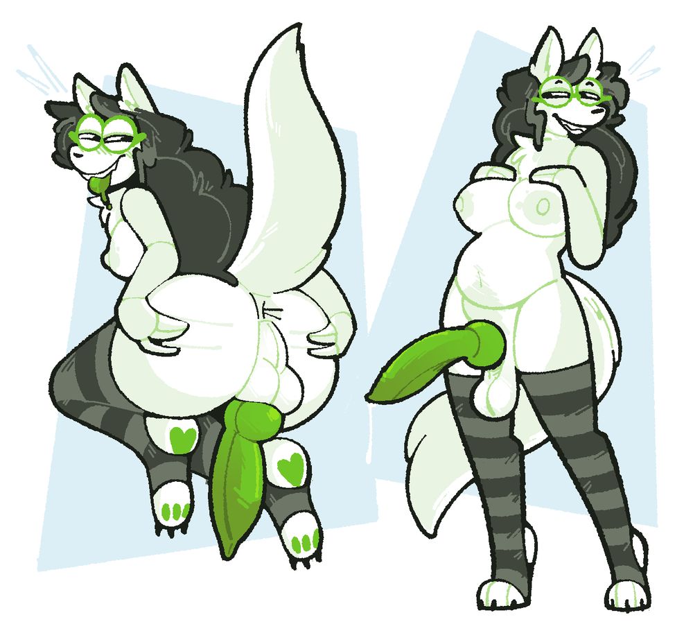 Art of Jade Harley, from Homestuck, as an anthropomorphic ('furry') design, in two poses. The left pose depicts her with her rear and feet raised to the camera, exposing her anus and genitals, while sticking her tongue out. She has a smug expression. The right pose depicts her standing, facing the camera, with her hands resting on her breasts as her penis dangles forward. She is wearing nothing but gray striped thigh-high stirrups in both poses.