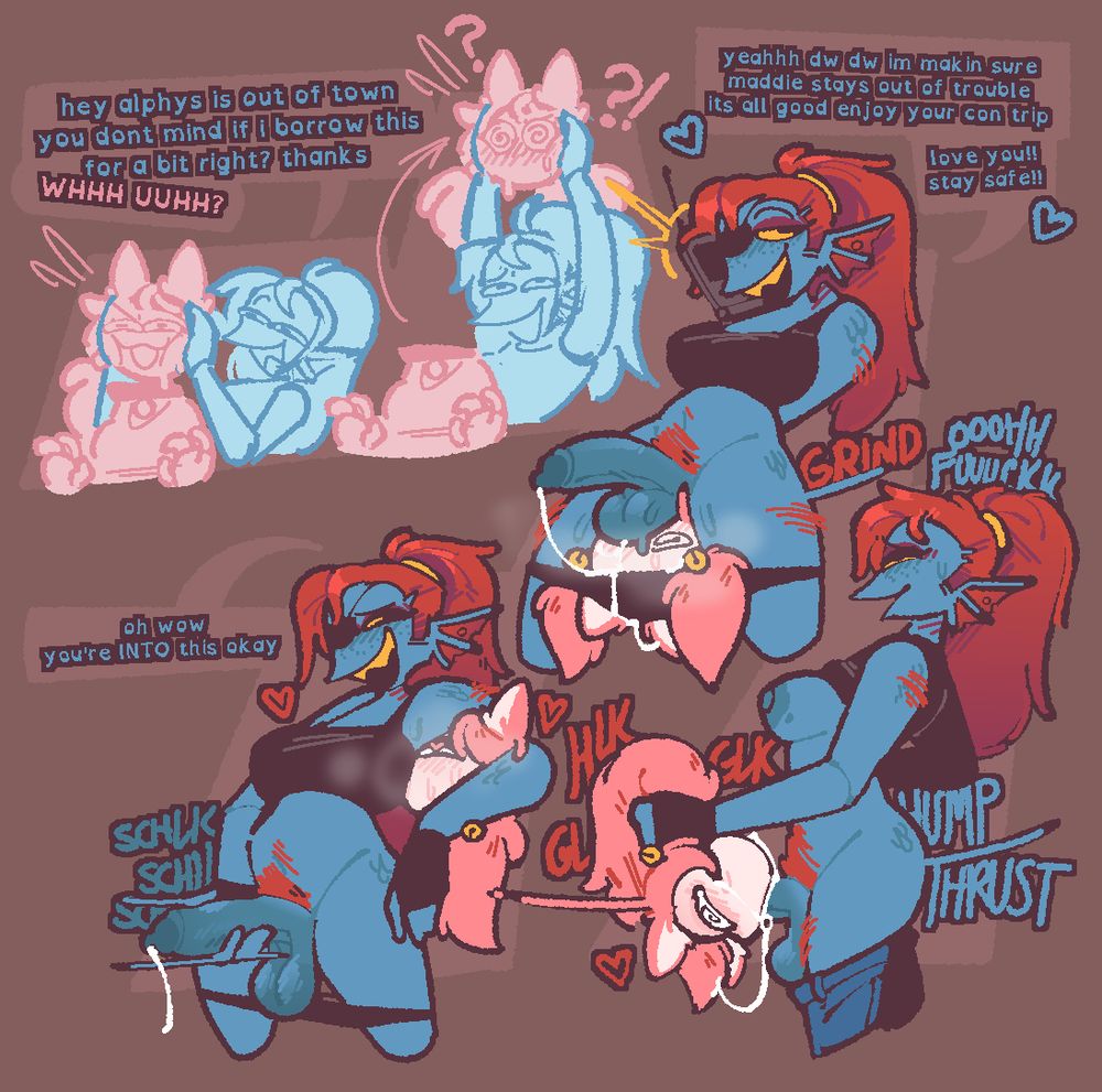 Pornographic art of Undyne and Mad Mew Mew, from Undertale. A sketch in the top left depicts Undyne saying 'hey alphys is out of town you dont mind if i borrow this for a bit right? thanks' before detaching Mad Mew Mew's head from her body. A drawing in the top-middle depicts Mad Mew Mew's head shoved into Undyne's underwear as she is forced to huff her taint & balls. A drawing to the right depicts Undyne using Mad Mew Mew's pigtails as a handle to fuck her face while her head is upside-down. A drawing in the bottom left depicts Undyne shoving Mad Mew Mew's head into her armpit while she masturbates.