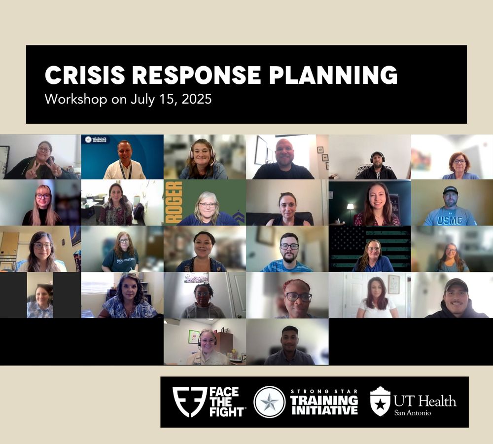 Image of a virtual 'Crisis Response Planning' workshop held on July 15, 2025, featuring multiple participants on a video call. The workshop is associated with the Face the Fight, STRONG STAR Training Initiative and UT Health San Antonio.
