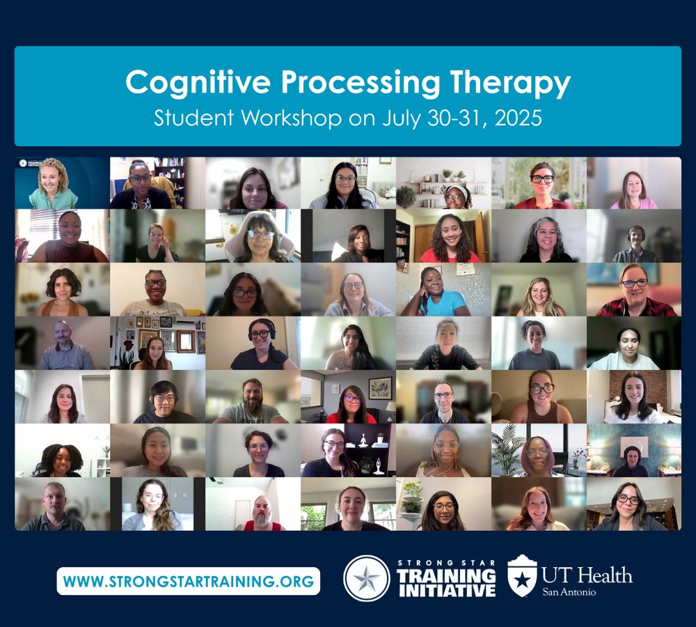 Screenshot of student attendees at a virtual Cognitive Processing Therapy workshop on July 30-31, 2025. Bottom text displays link "www.strongstartraininginitiative.org" and Logos for STRONG STAR Training Initiative and UT Health San Antonio. 