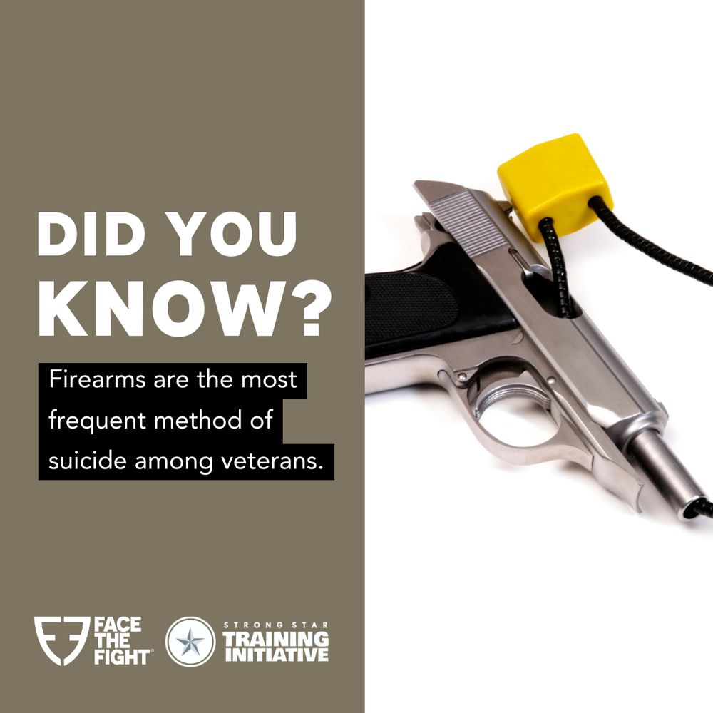 Image shows a poster with a firearm and a safety lock. Text reads "DID YOU KNOW? Firearms are the most frequent method of suicide among veterans." Logos displayed for Face The Fight and STRONG STAR Training Initiative.