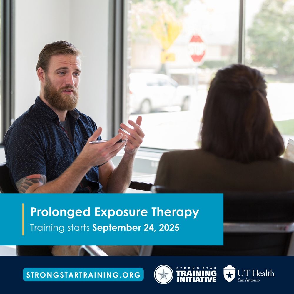 Two individuals having a conversation at a table near a window, with promotional text for "Prolonged Exposure Therapy, Training starts September 24, 2025" by STRONG STAR Training Initiative and UT Health San Antonio.
