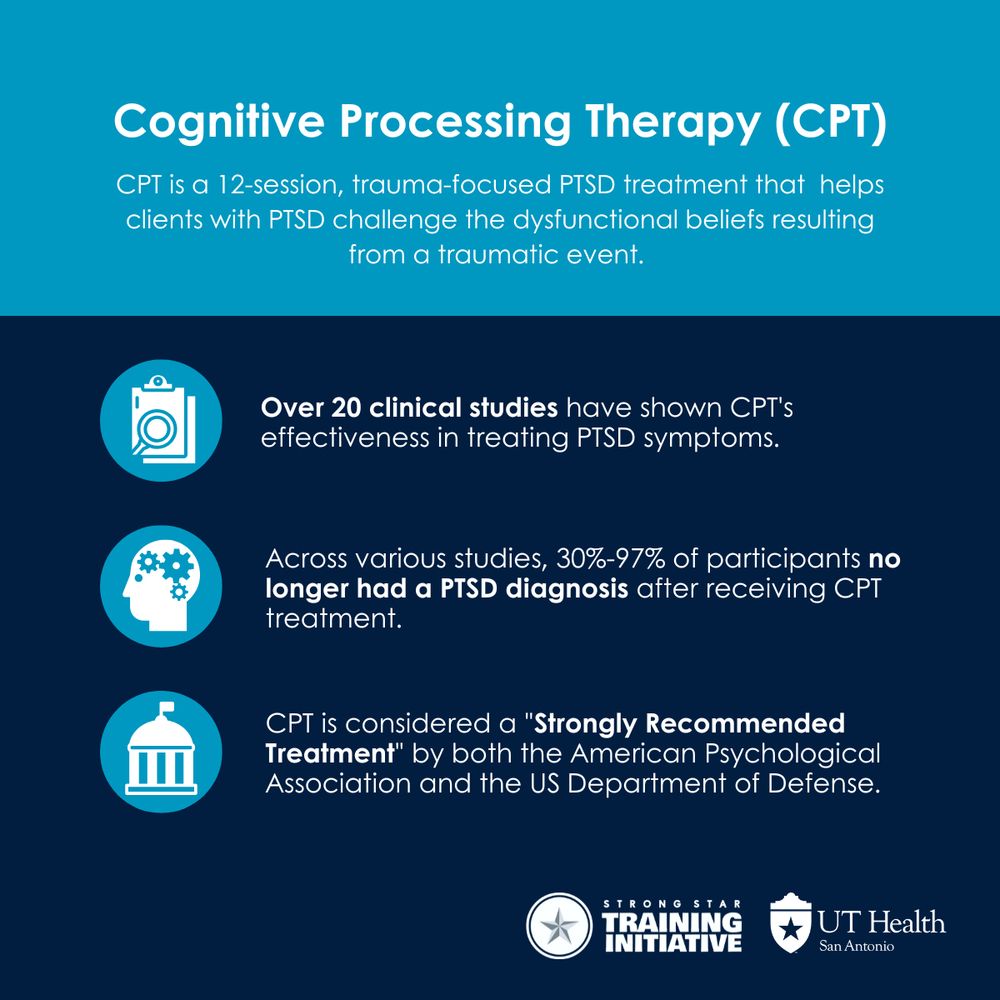 Infographic explaining Cognitive Processing Therapy (CPT) for PTSD, highlighting its effectiveness with data from over 20 clinical studies and endorsements by the American Psychological Association and the US Department of Defense. Logos displayed for UT Health San Antonio and STRONG STAR Training Initiative.
