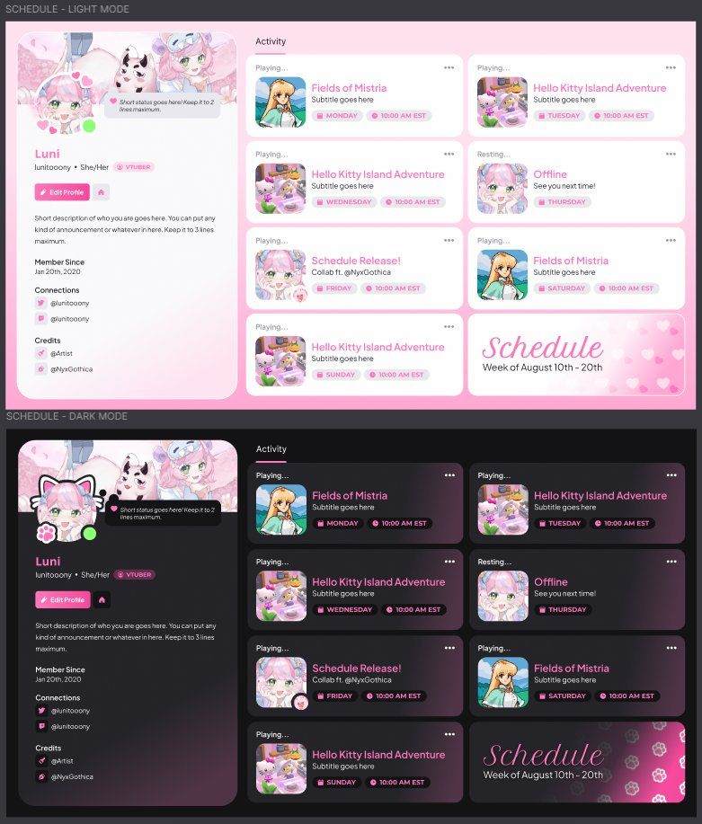 Light mode and dark mode version of pink Discord-Themed schedule template