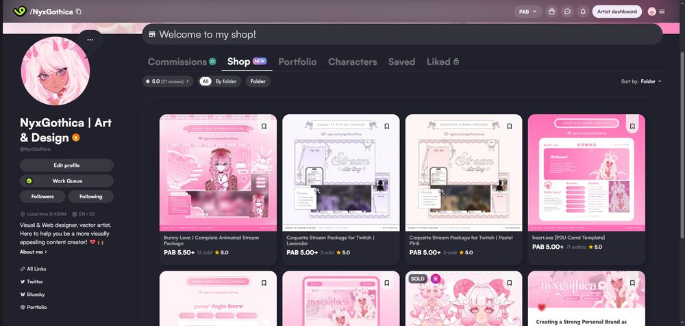 screenshot showing different digital products on nyxgothica's VGen shop