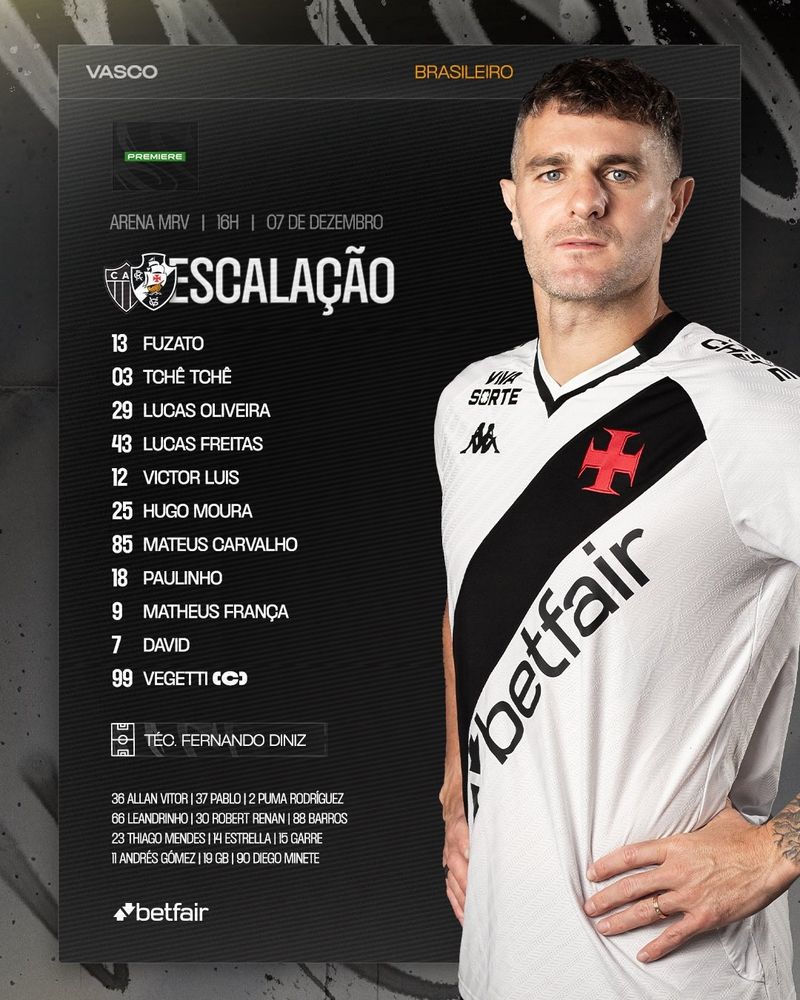 Escalação do Vasco para o jogo com o Atlético Mineiro logo mais.

Na arte aparecem os escudos dos dois times, o jogador Vegetti, e a seguinte escalação:

13 Fuzato
3 Tchê Tchê 
29 Lucas Oliveira
43 Lucas Freitas
12 Victor Luis
25 Hugo Mourão
85 Matheus Carvalho
9 Matheus França
7 David
9 Vegetti (capitão)