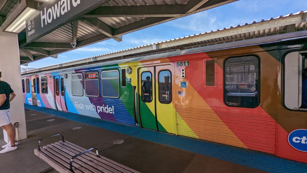 The 2022 pride train stopped at Howard at the end of a northbound trip, which had bold stripes of both the classic pride flag, plus Black and brown in front and then the full set of trans flag stripes at the other end of the car to represent broader aspects of the community as designs progressed.