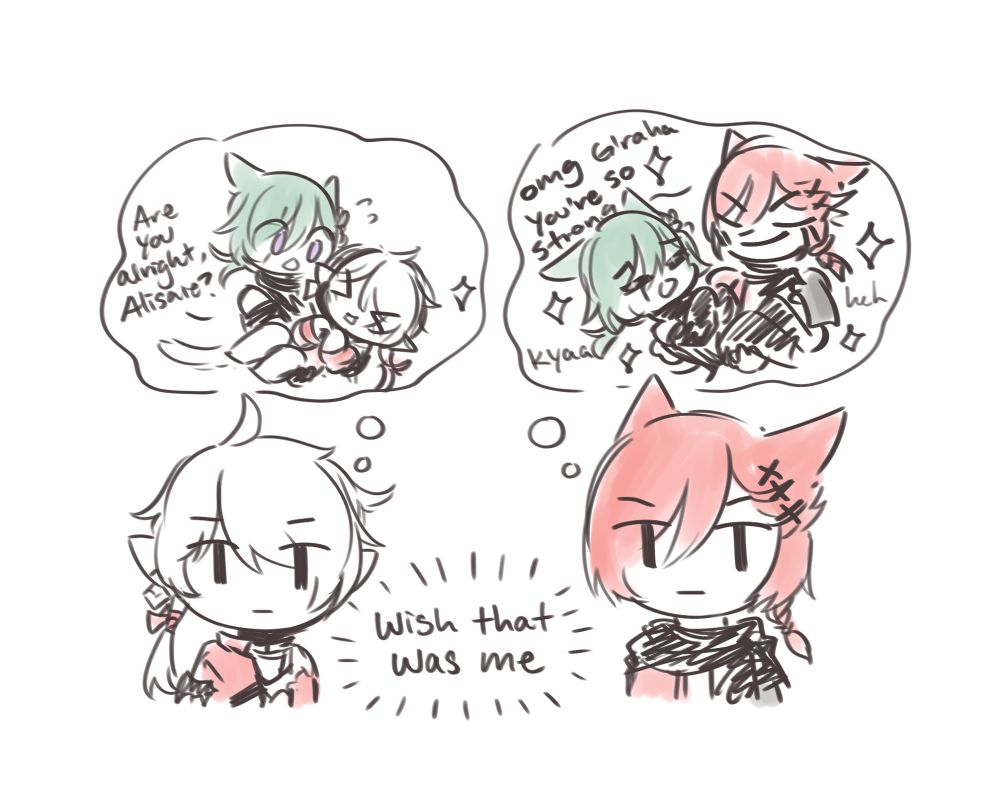 Alisaie and G'raha thinking: Wish that was me
Alisaie imagining Ark carrying her: Are you alright Alisaie? 
G'raha going heh imagining him carrying Ark: omg G'raha you're so strong kyaaaaa