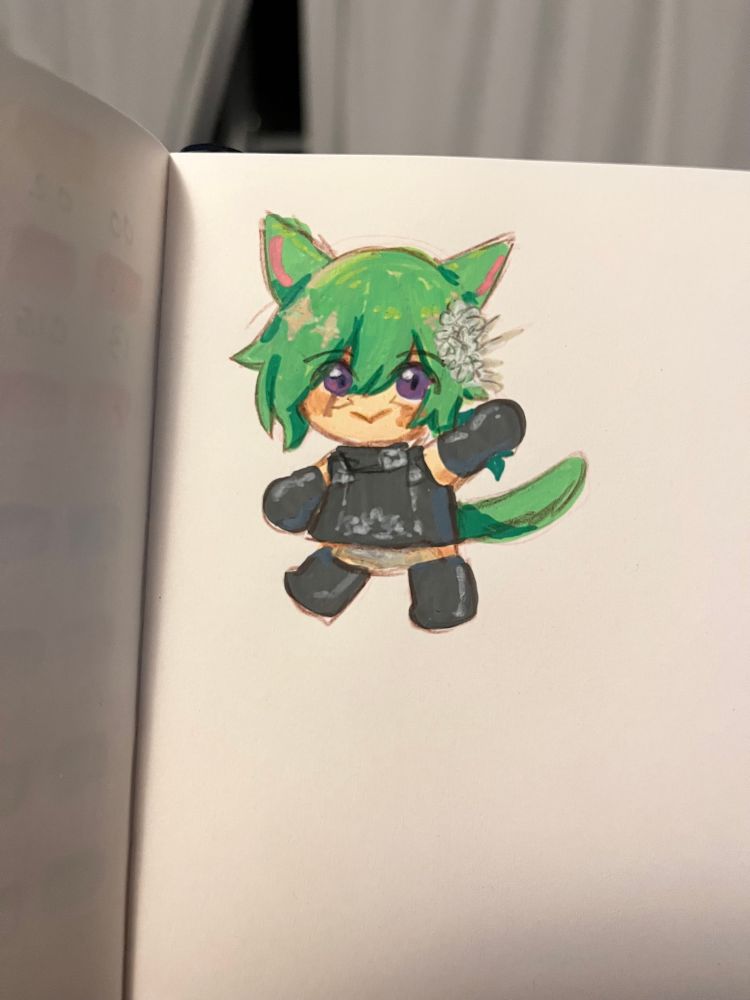 Drawing of Ark in my sketchbook where he has his left (our right) hand up 