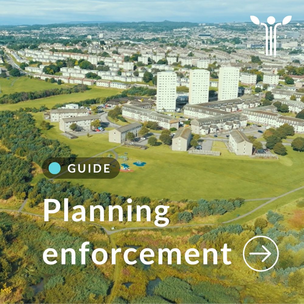 Image shows aerial view of housing and greenspace, with text overlaid stating 'guide - planning enforcement'.