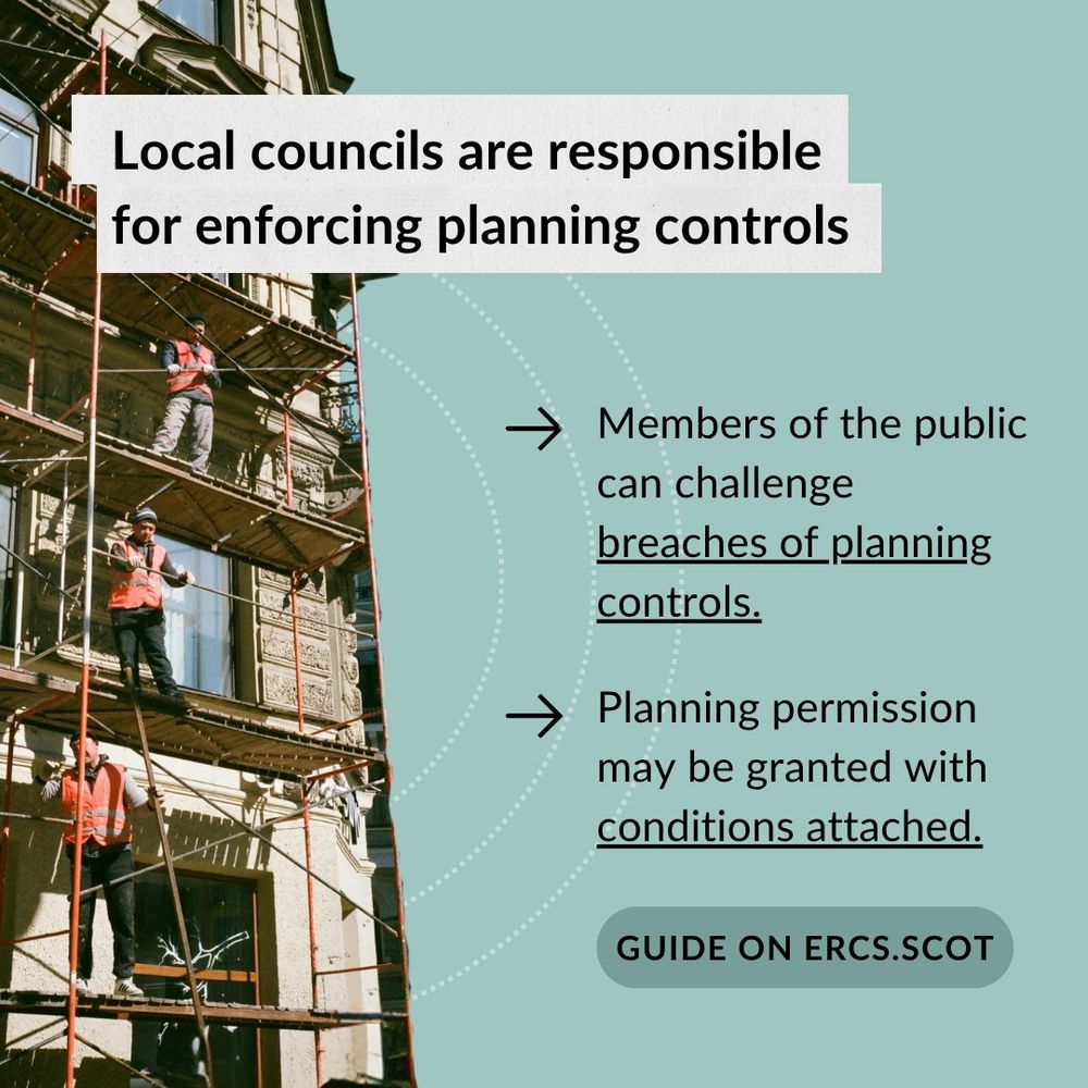 Image shows builders on scaffolding with text overlaid stating 'local councils are responsible for enforcing planning controls.'