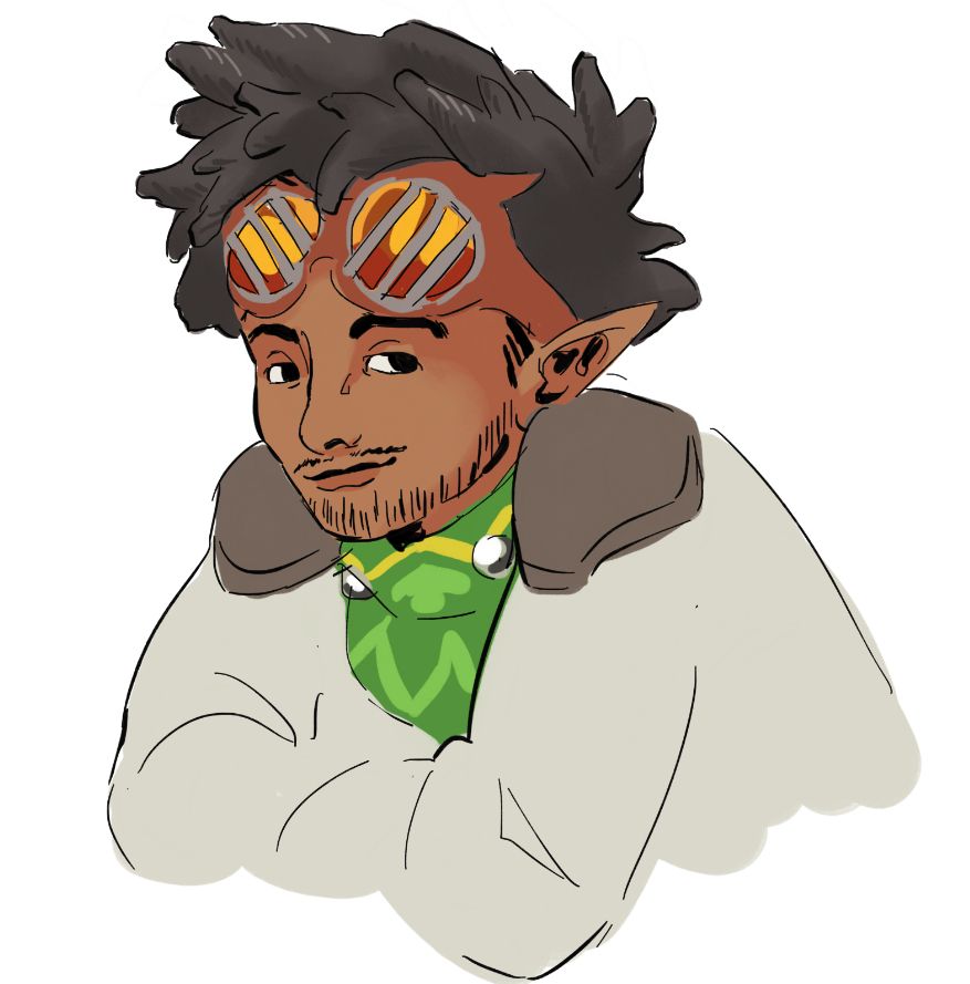 digital doodle of a man wearing large goggles and light armor with his arms resting on a surface. he has a slightly tired but amused expression