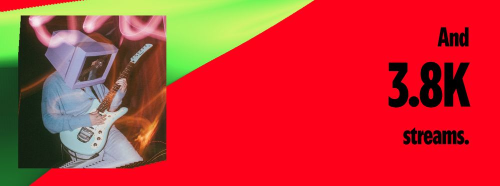 A slide reading "and 3.8K streams." There is also a picture of me wearing my purple computer monitor head with my blue yamaha sgv-300 and a blue cardigan on.