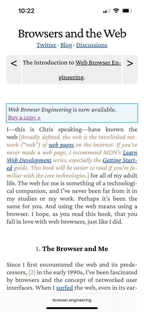 A screenshot of browser.engineering, an open access title about web browsers. Shown is the second part of the introduction, Browsers and the Web. The first footnote is shown with the content expanded inline and with distinct styling from the core text. 