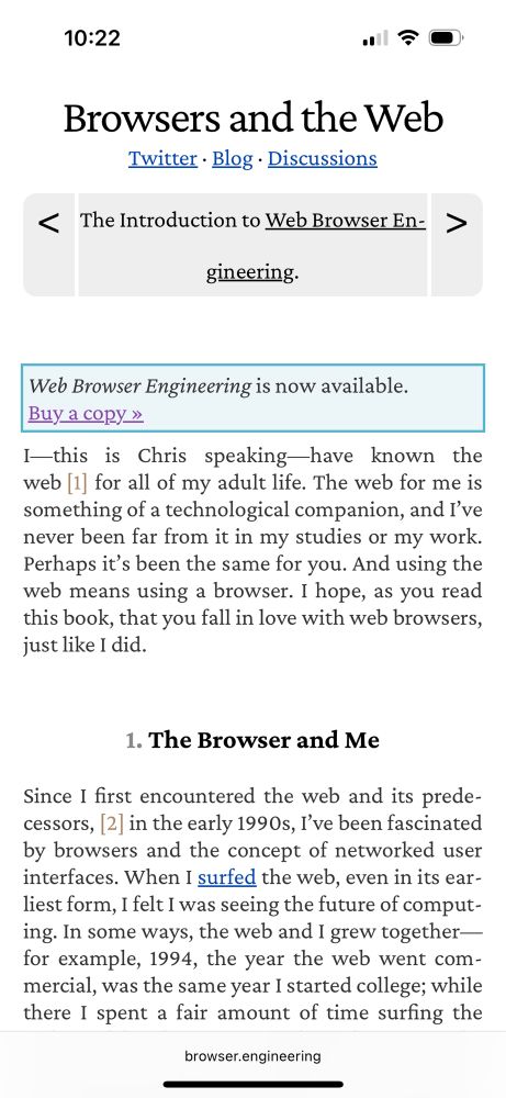 A screenshot of browser.engineering, an open access title about web browsers. Shown is the second part of the introduction, Browsers and the Web. Two footnotes appear in the text. 